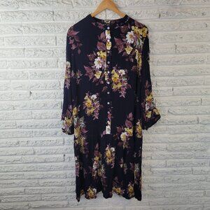 Japparel Women Dress 1X Plus Fit Flare Roll Tab Sleeve Blue Floral FLO146E